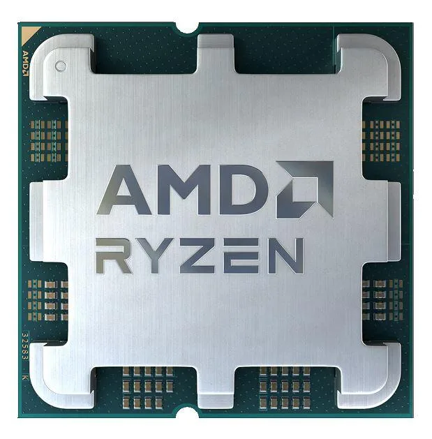 Square green ceramic CPU with gold contacts and silver heatspreader reading Ryzen 5 7600X3D