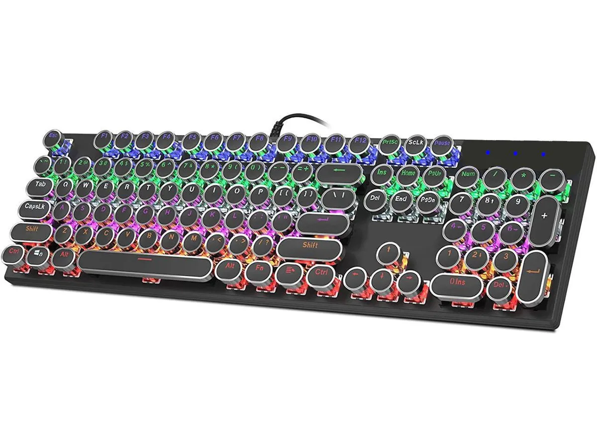 Black full-size mechanical keyboard with 104 retro round keycaps and rainbow RGB backlighting