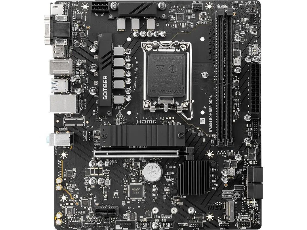 Green micro ATX board with silver heatsinks and black PCB