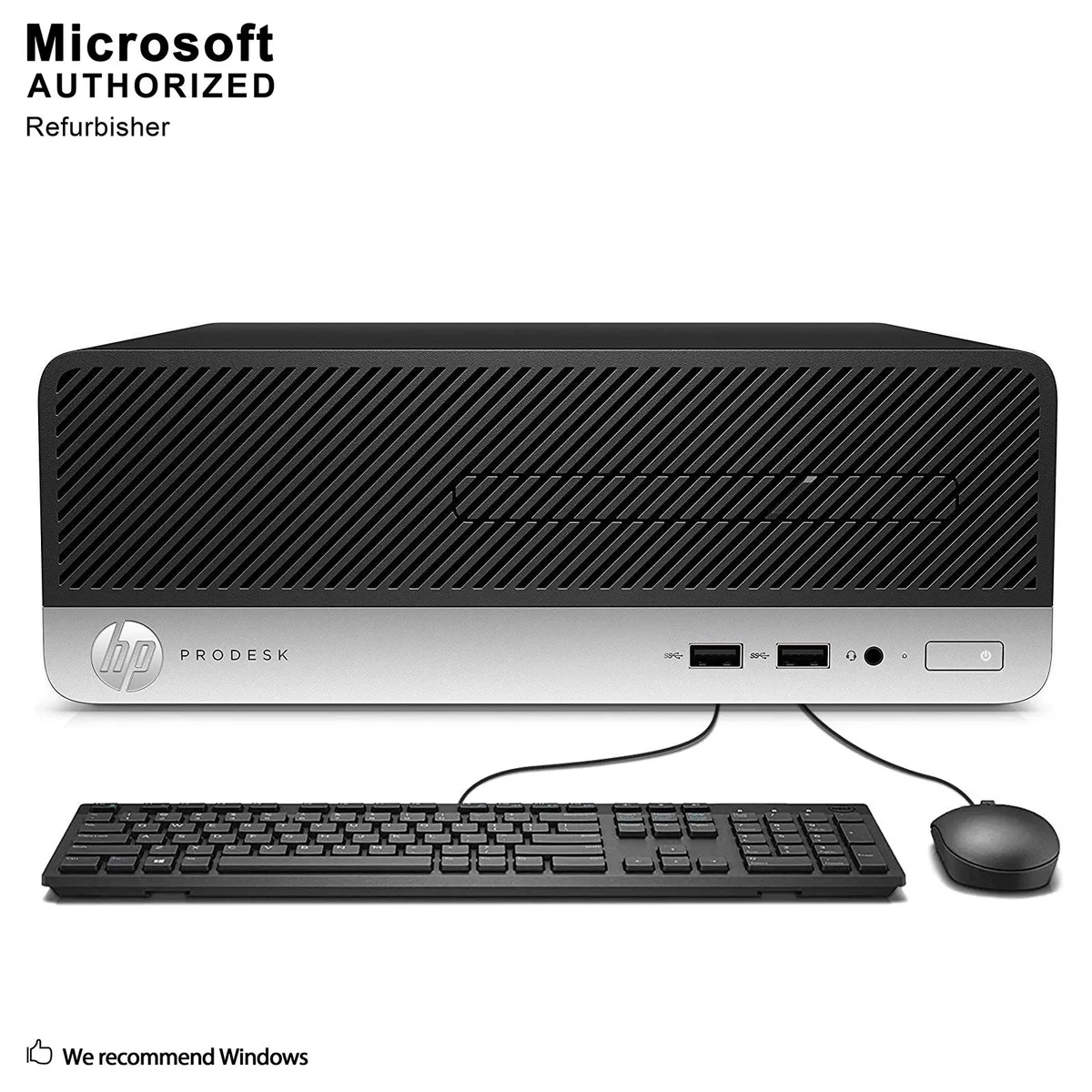 Compact black small form factor desktop tower with keyboard and mouse