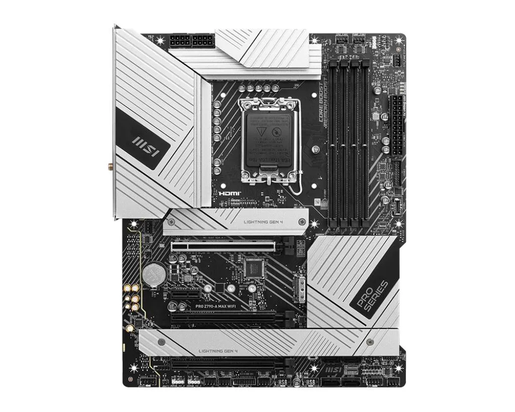 ATX motherboard in matte black with silver heatsinks and LGA 1700 socket