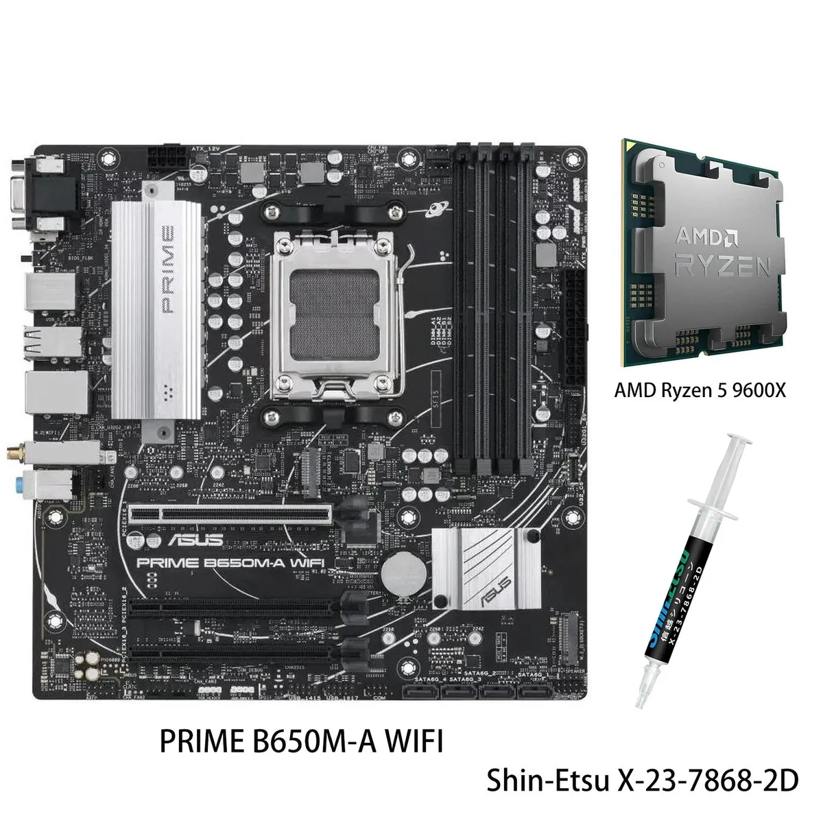 ASUS PRIME B650M-A WIFI micro-ATX motherboard with Ryzen 5 9600X CPU installed