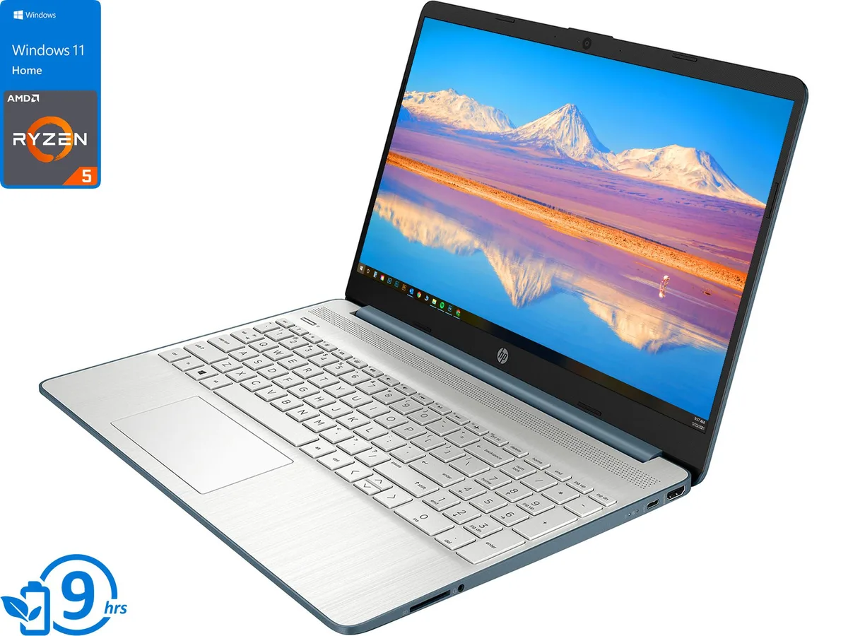 Blue HP 15 laptop with 15.6 inch FHD screen and full keyboard