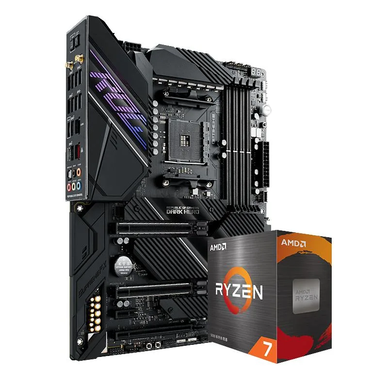 ATX motherboard in dark finish with matching Ryzen 7 5800X processor
