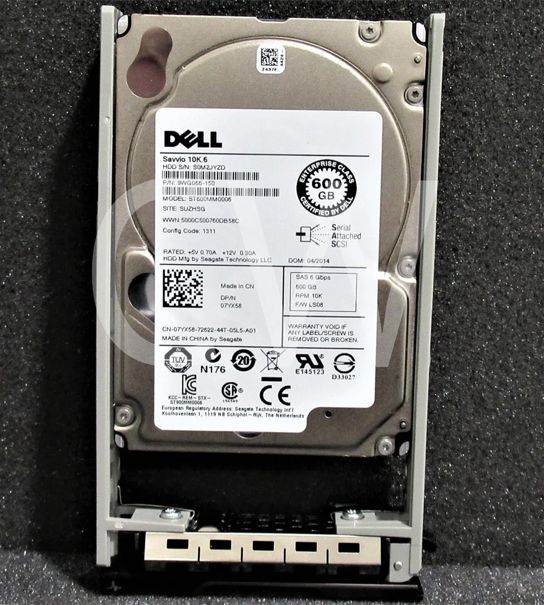 2.5 inch SAS hard drive in silver metal caddy