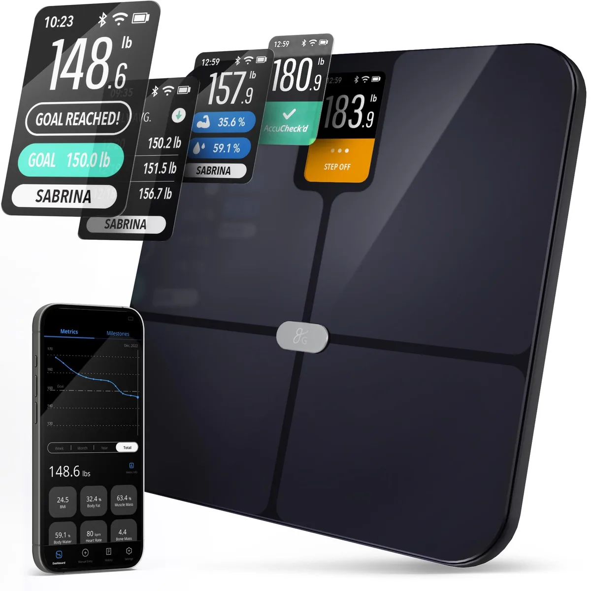  Greater Goods 0412 Bath Scale 13 Metrics Wi-Fi Bluetooth 440 lb — product photo