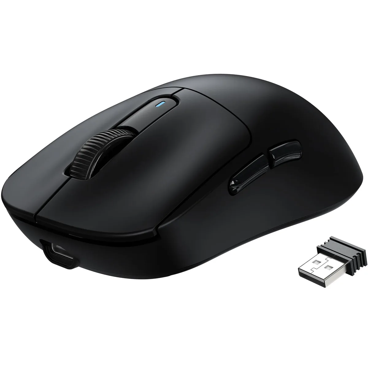 Small black right-handed wireless gaming mouse, matte finish, symmetrical shape, six buttons, scroll wheel