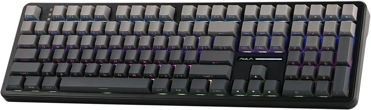 Full-size mechanical keyboard in black gradient finish with 108 hot-swappable keys and RGB backlighting