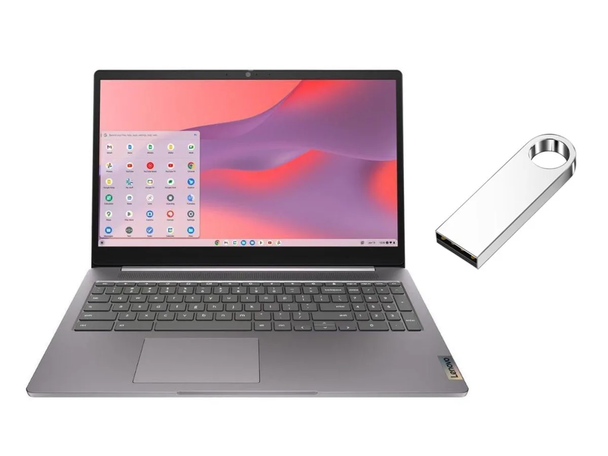 Grey 15.6 inch Lenovo IdeaPad 3i Chromebook laptop closed on a plain surface