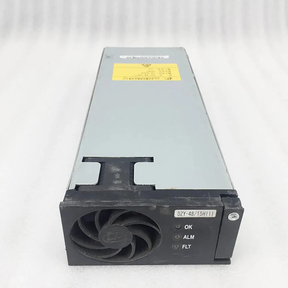 Rectangular black metal power supply module with front label