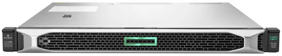 Silver 1U rack server front panel with drive bays and status lights