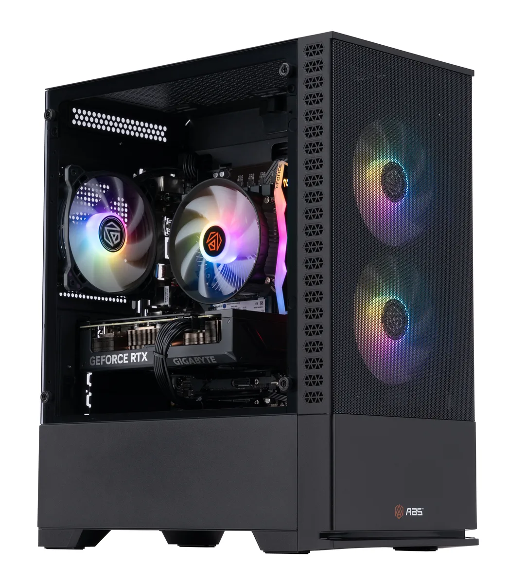 Black mATX tower with RGB-lit RAM and GPU visible through side panel
