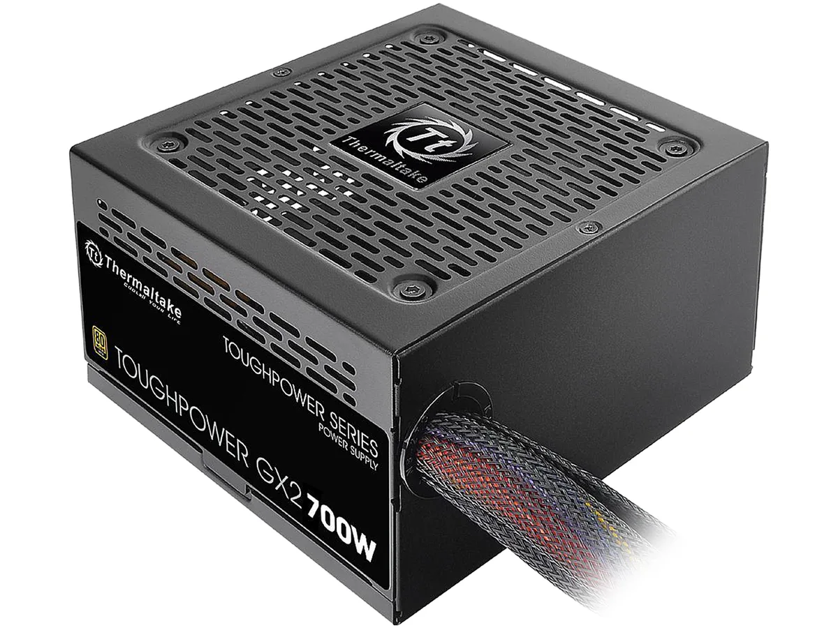 Rectangular metal power supply unit with matte black finish and a single 120mm fan grille on one side