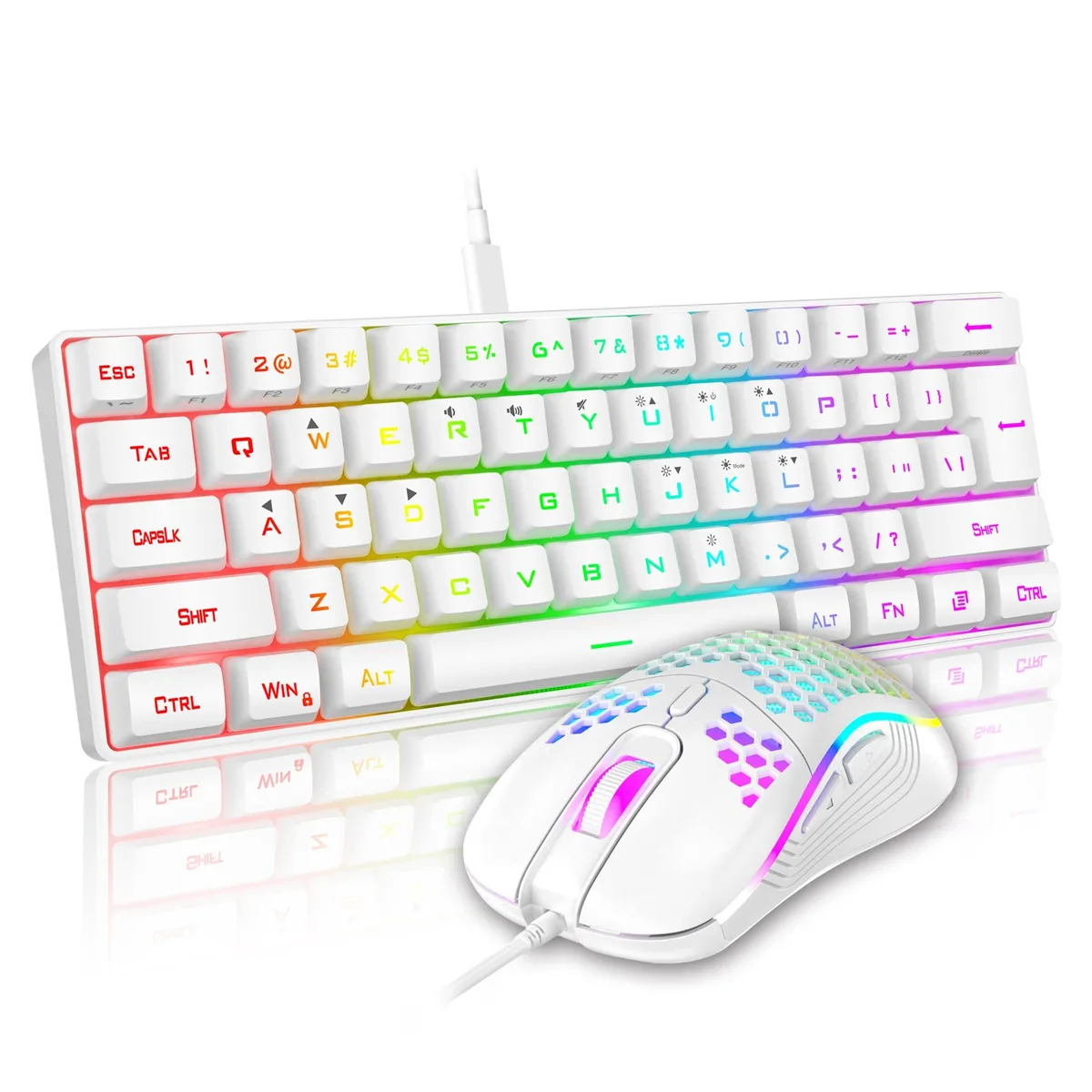 White compact 61-key keyboard with RGB backlighting and matching lightweight honeycomb-shell mouse, both wired USB
