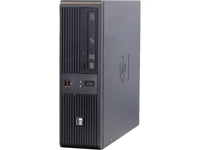 Small black HP RP5700 desktop tower with DVD slot