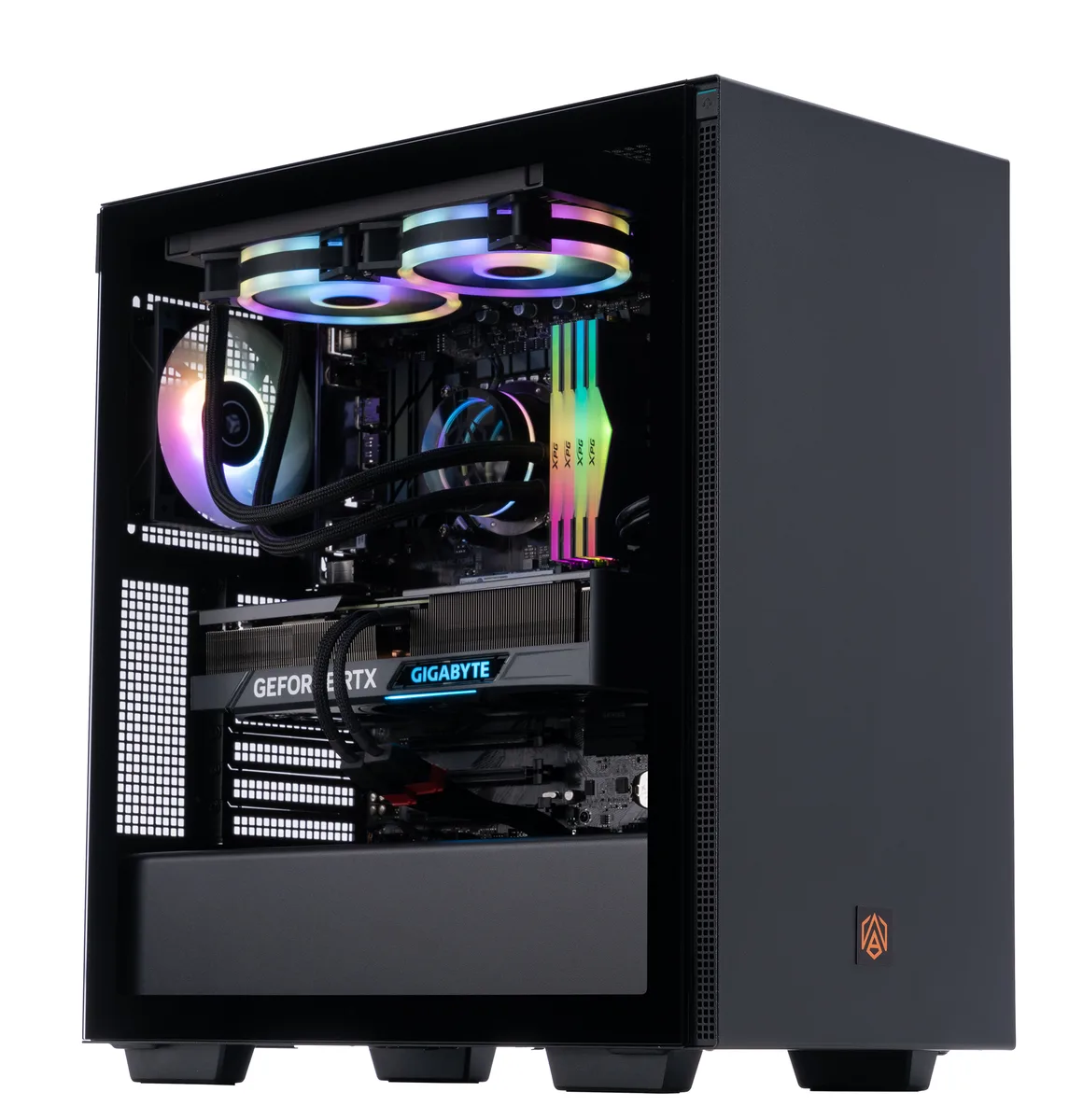 Black mid-tower gaming desktop with RGB liquid cooling and glass side panel