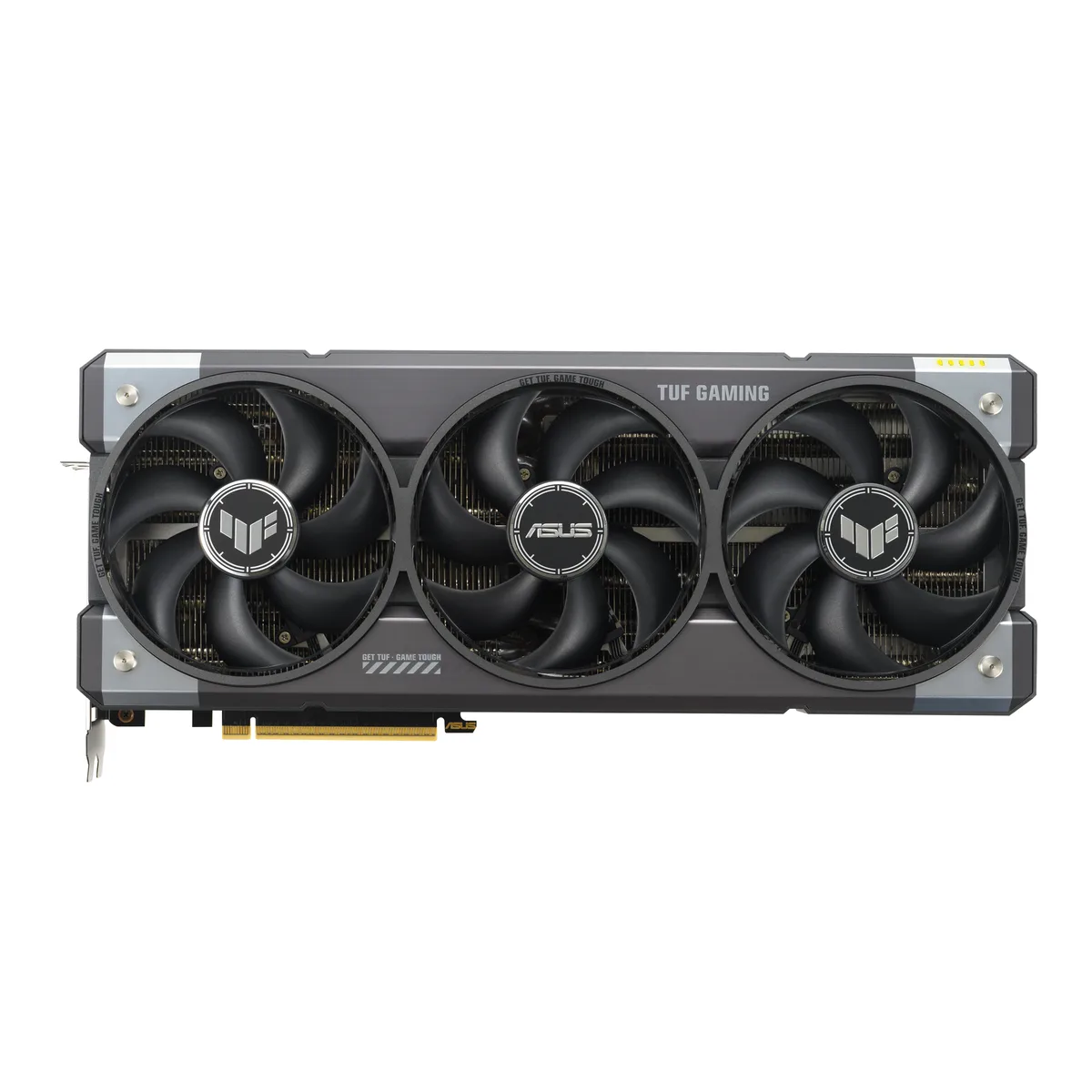 ASUS TUF Gaming RTX 5080 graphics card in dark grey with triple-fan cooler, 3.6-slot thickness, visible backplate and PCIe 5.0 gold