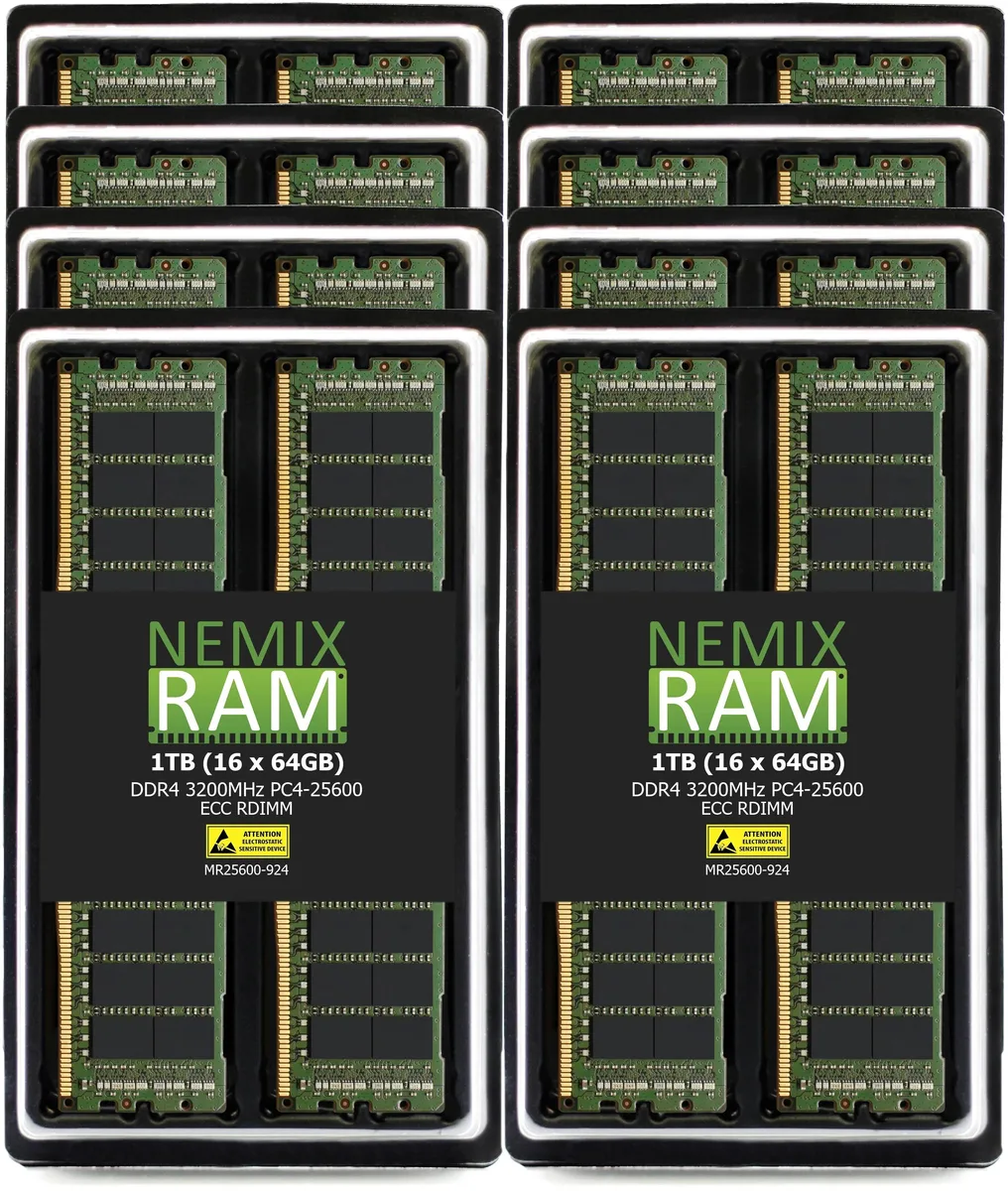 Sixteen green DDR4 RDIMM modules in a row