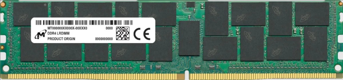 Green rectangular DDR4 LRDIMM module with black memory chips and gold 288-pin edge connector