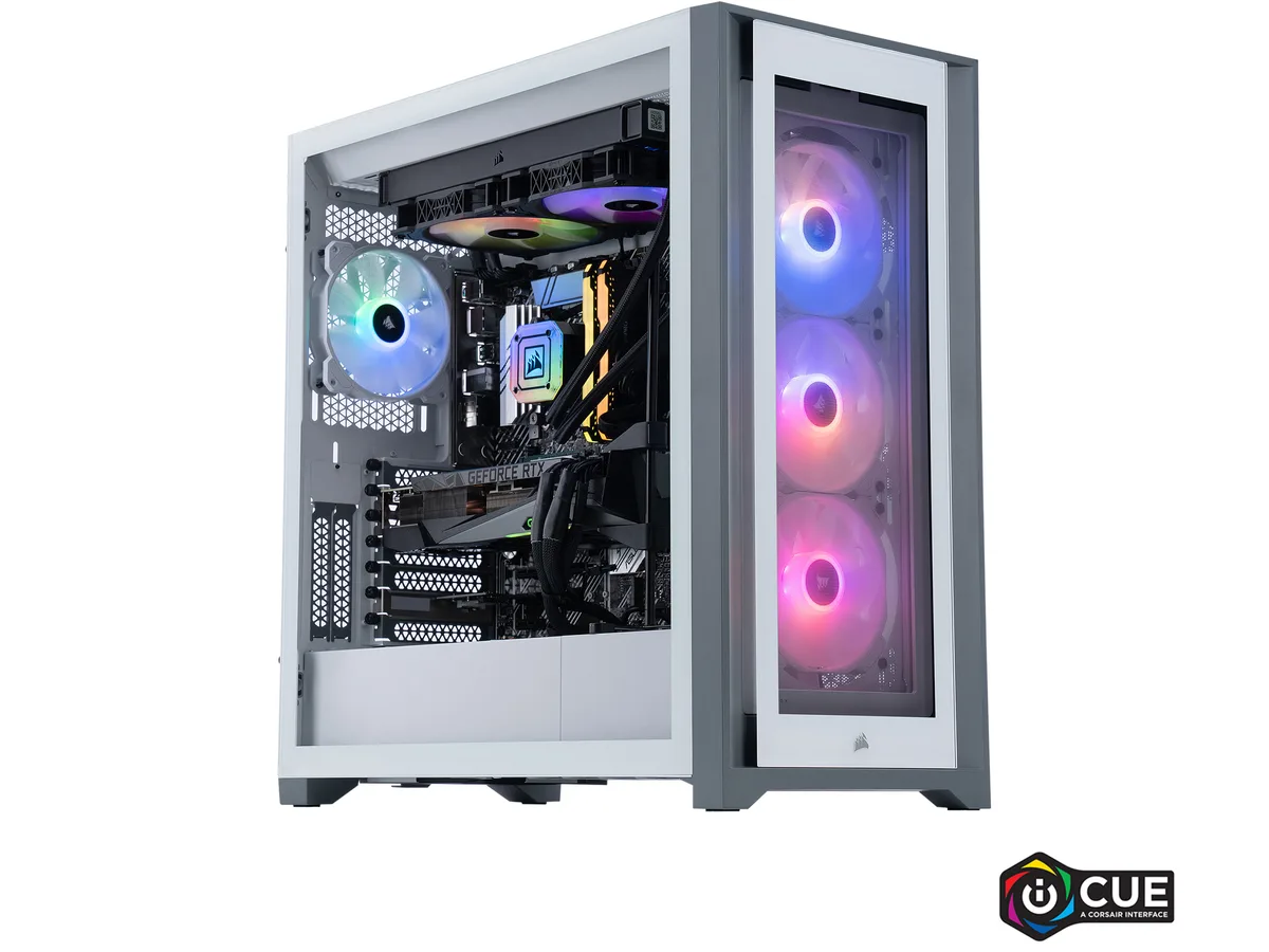 White mid tower PC case with tempered glass side panel and RGB lighting visible inside