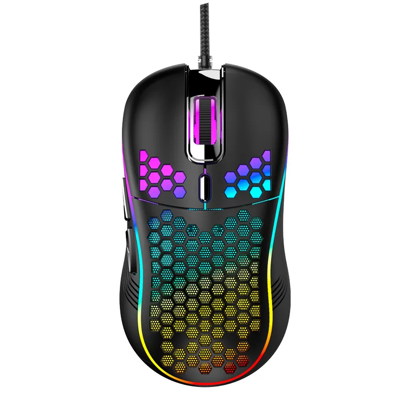 Black wired gaming mouse with honeycomb shell, RGB lighting, six buttons and USB cable