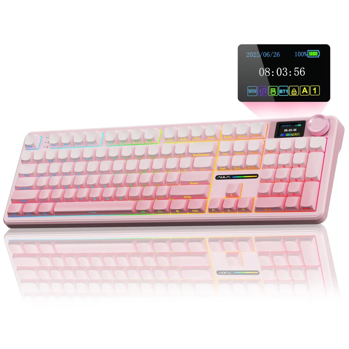 Pink full-size wireless mechanical keyboard with a small colour screen and a side knob, PBT keycaps and RGB backlighting