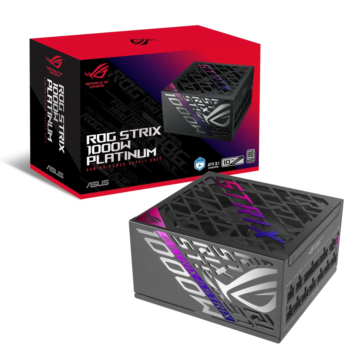 Black fully modular ATX 3.1 power supply with ROG branding and 120mm fan