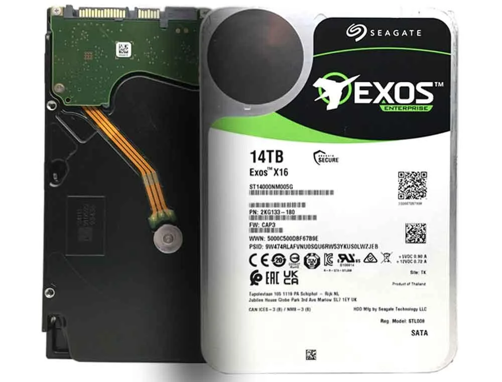 Silver 3.5-inch enterprise hard drive with exposed circuit board, bare drive packaging