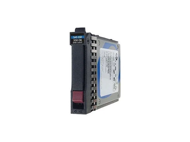Rectangular 2.5 inch silver metal drive with label showing HP 690825-B21 200GB SAS