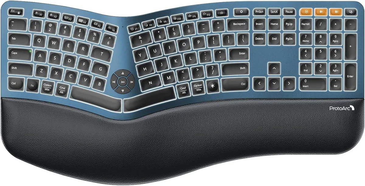Blue split ergonomic keyboard with curved frame and cushioned wrist rest