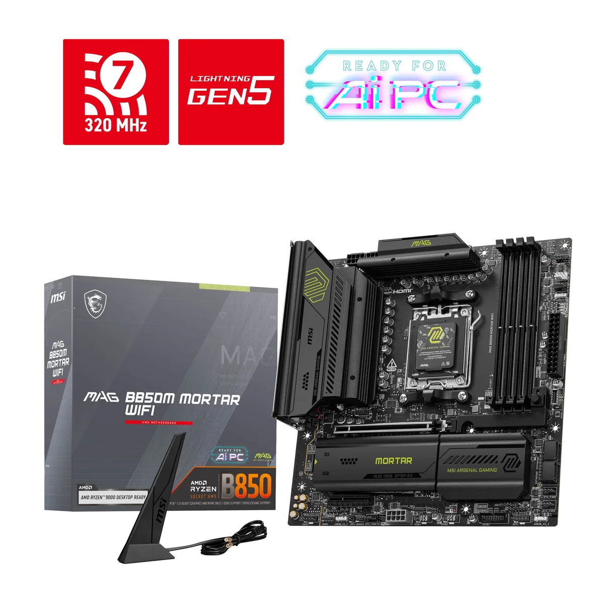 Micro-ATX motherboard, black PCB with silver heatsinks
