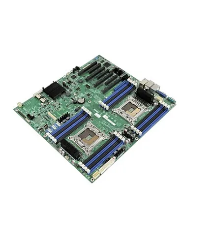 Green rectangular server board with dual CPU sockets and sixteen memory slots