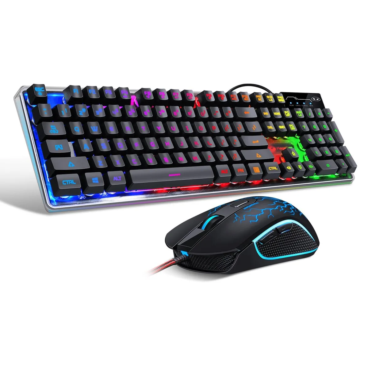 Black full-size wired keyboard with floating keycaps and RGB backlighting