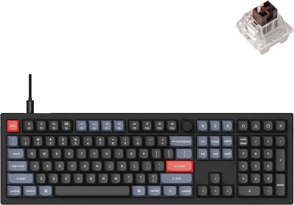 Full-size mechanical keyboard with 108 keys in black finish