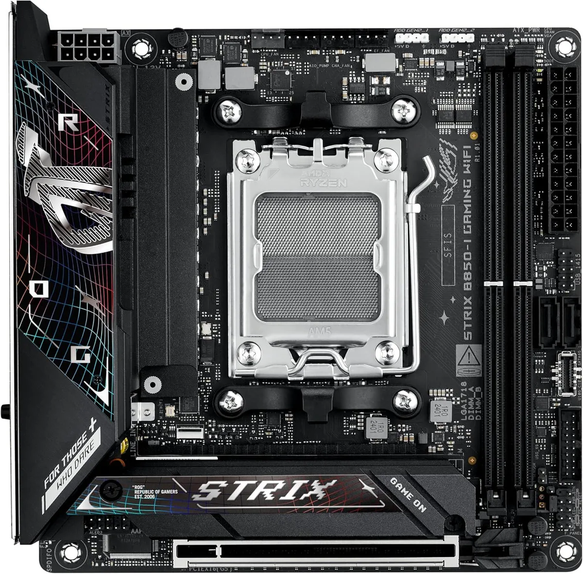 Compact square Mini-ITX motherboard with black PCB, silver heatsinks and rear I/O shield