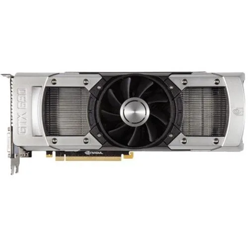 Dual-GPU graphics card with silver metal shroud and dual axial fans, 11 inch length