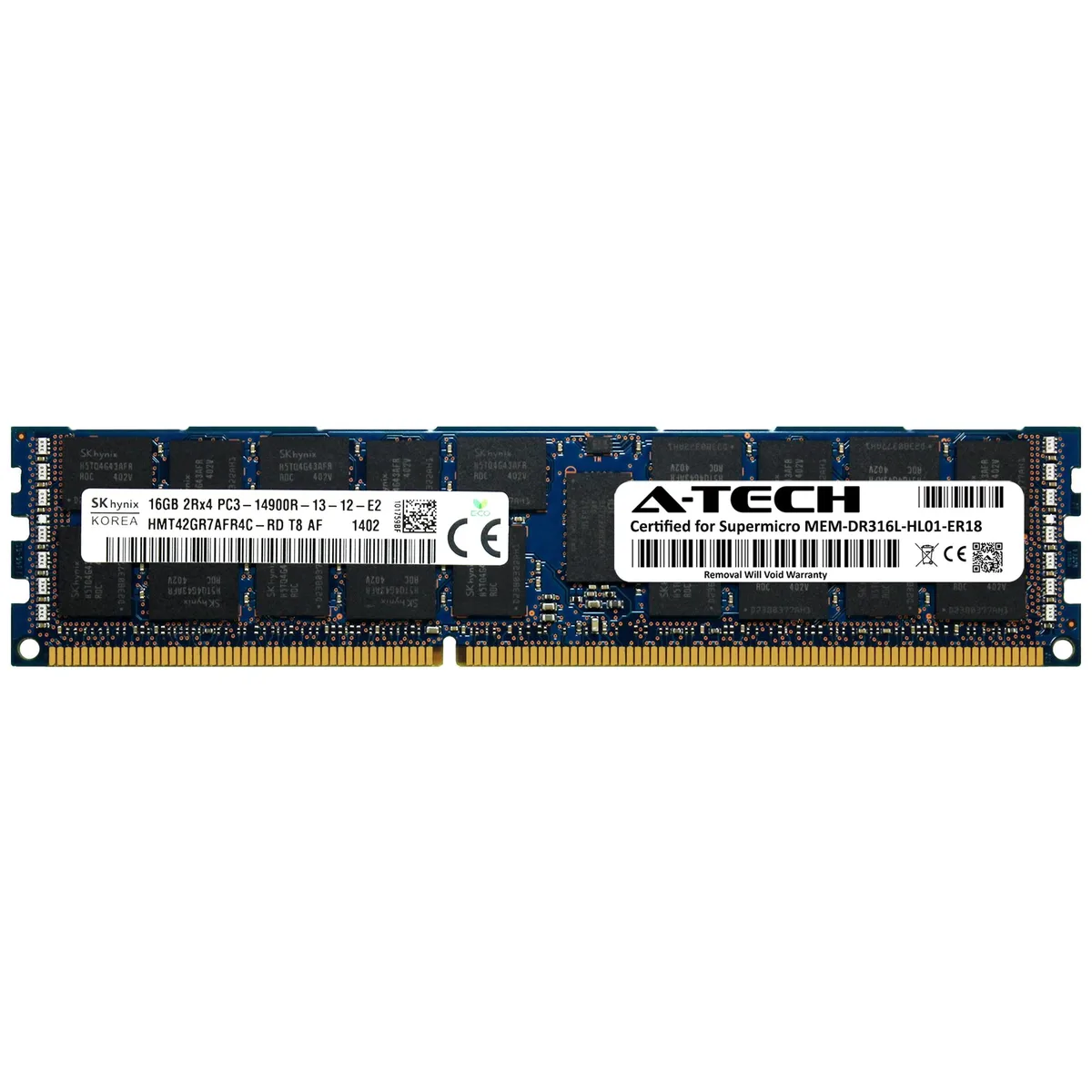 Green 240-pin DDR3 RDIMM module with black memory chips and a white specification label