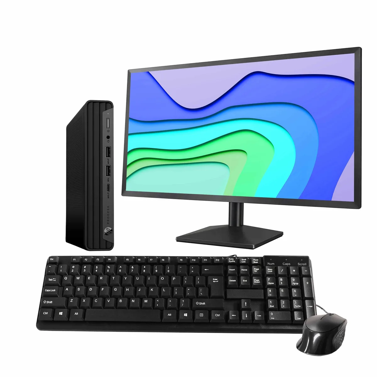 Compact black mini desktop, 24 inch monitor, wired keyboard and mouse