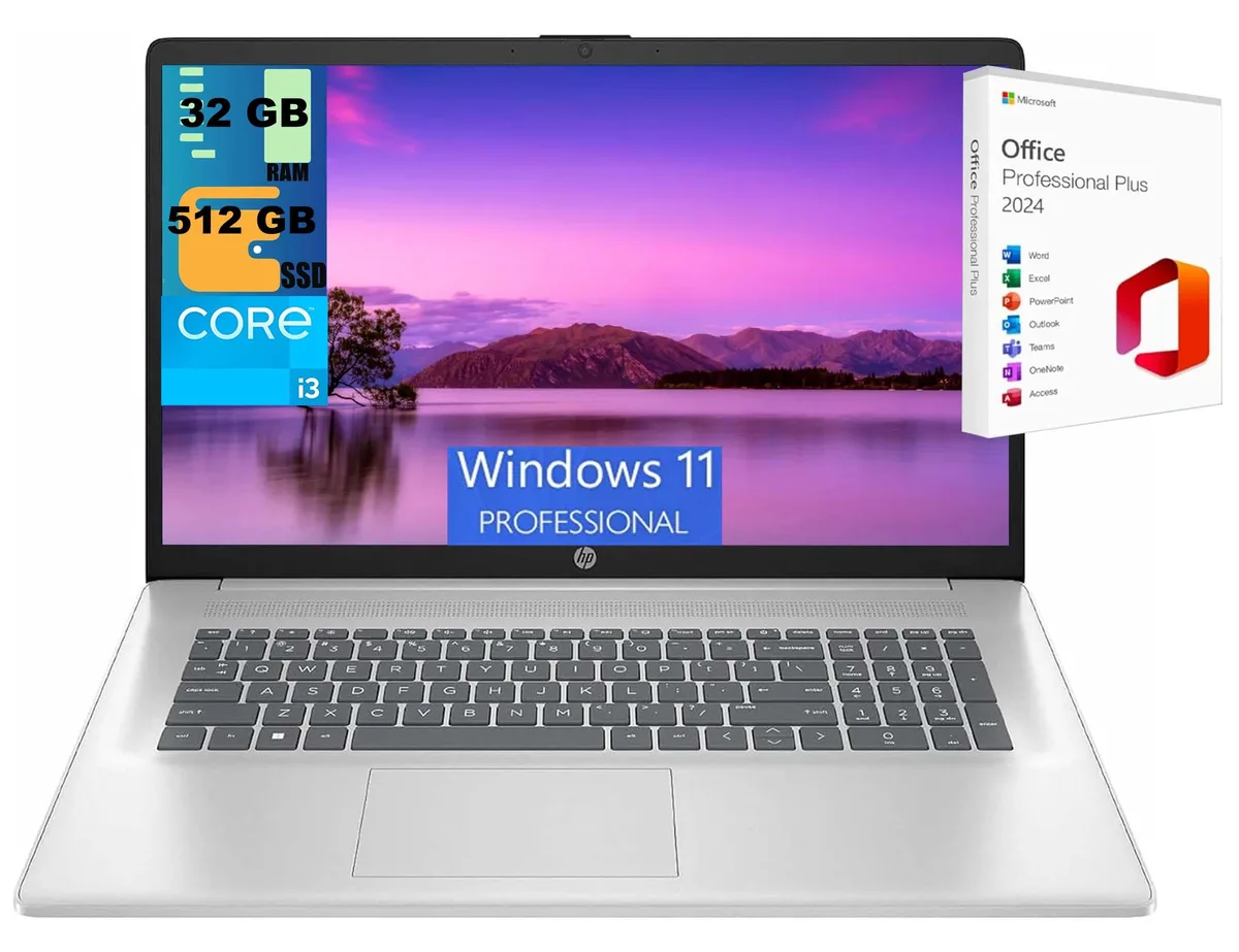 HP HP 17 laptop, Intel Core i3-N305, 17.3" HD+ 1600x900, 32GB DDR4, 512GB PCIe SSD, Windows 11 Pro — product photo