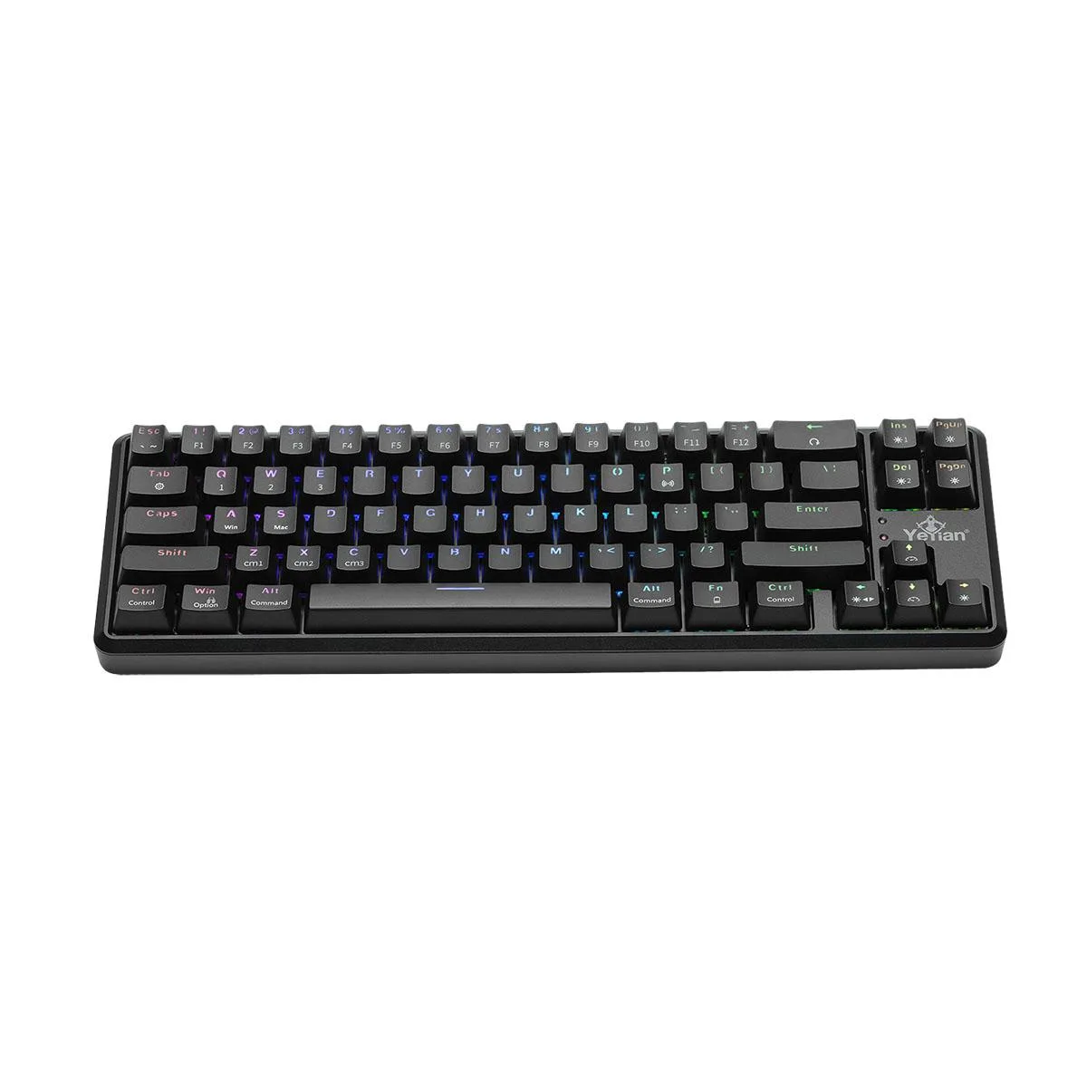Black compact 65% wireless gaming keyboard with RGB backlighting and 68 keys