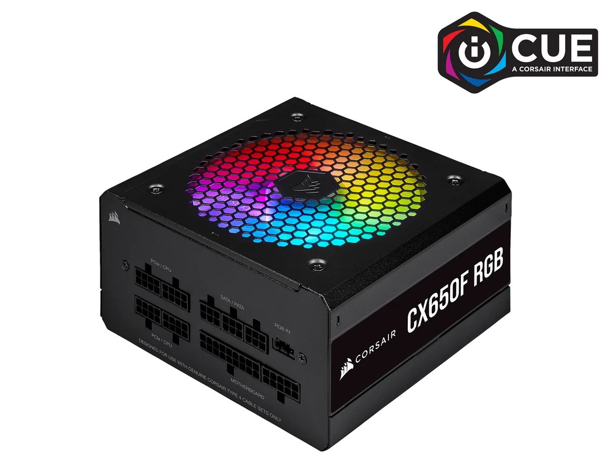 Black rectangular ATX power supply with 120mm RGB fan and modular cable sockets