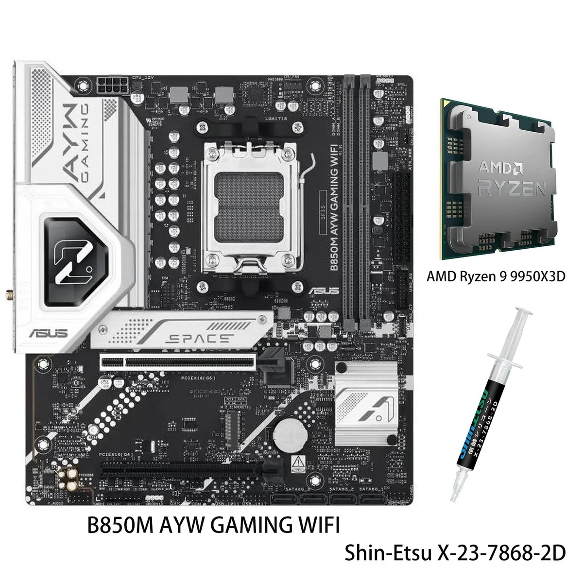 ASUS B850M AYW GAMING WIFI micro-ATX motherboard with Ryzen 9 9950X3D CPU in AM5 socket