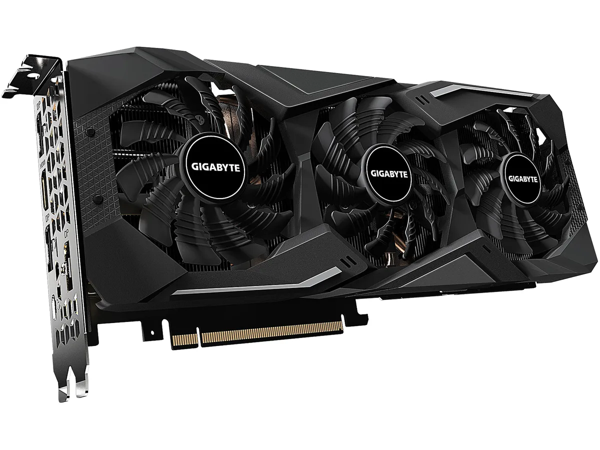 Black triple-fan graphics card with metal backplate