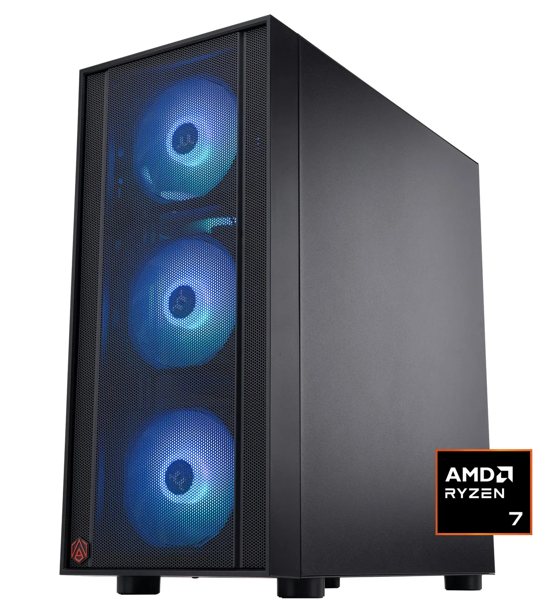 Black mid-tower gaming desktop with RGB memory and liquid cooling