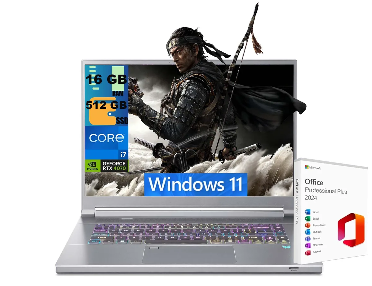 Silver Acer Predator Triton 16 gaming laptop, thin bezel 16 inch display, per key RGB keyboard