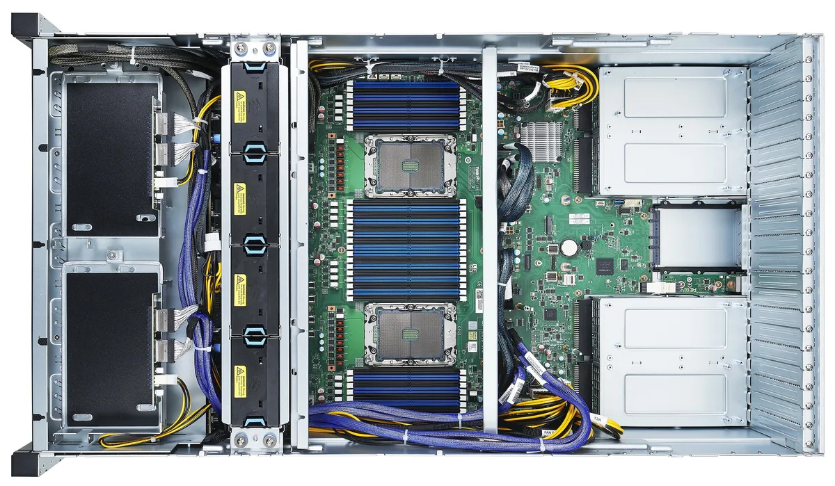 4U rack server, silver chassis, front drive bays and status LEDs