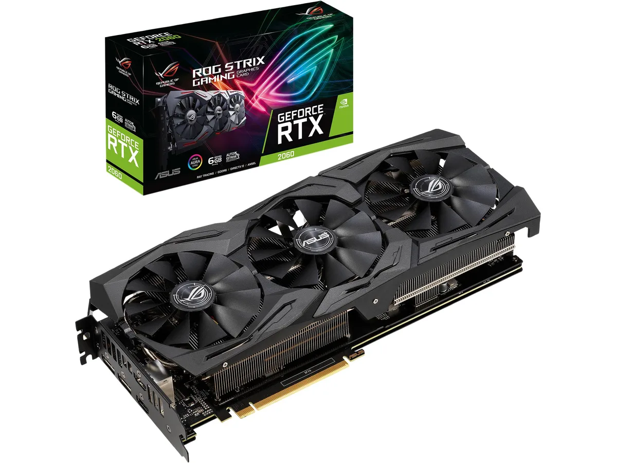 ASUS ROG STRIX GeForce RTX 2060 graphics card, 2.5-slot design with triple fans, silver and black shroud, metal backplate, two HDMI