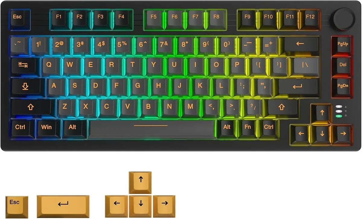Compact 75 percent wireless mechanical keyboard with rotary knob and PBT keycaps