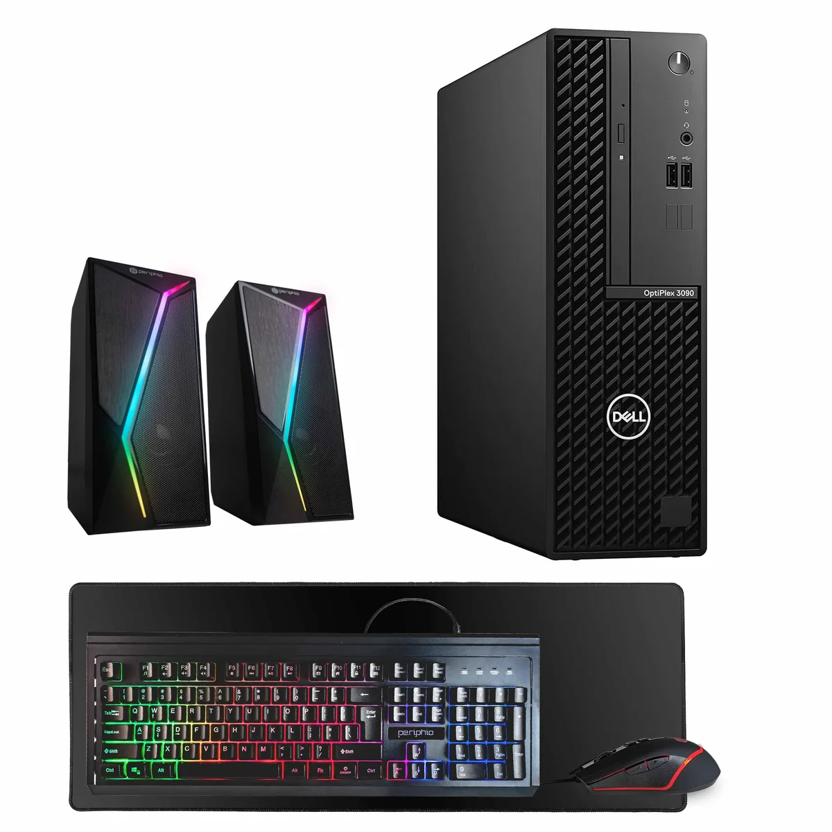 Black Dell OptiPlex 3090 tower desktop with keyboard mouse speakers and mouse pad
