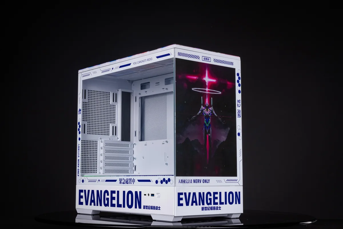 Micro-ATX case with Evangelion UV-printed panels and two illuminated side panels